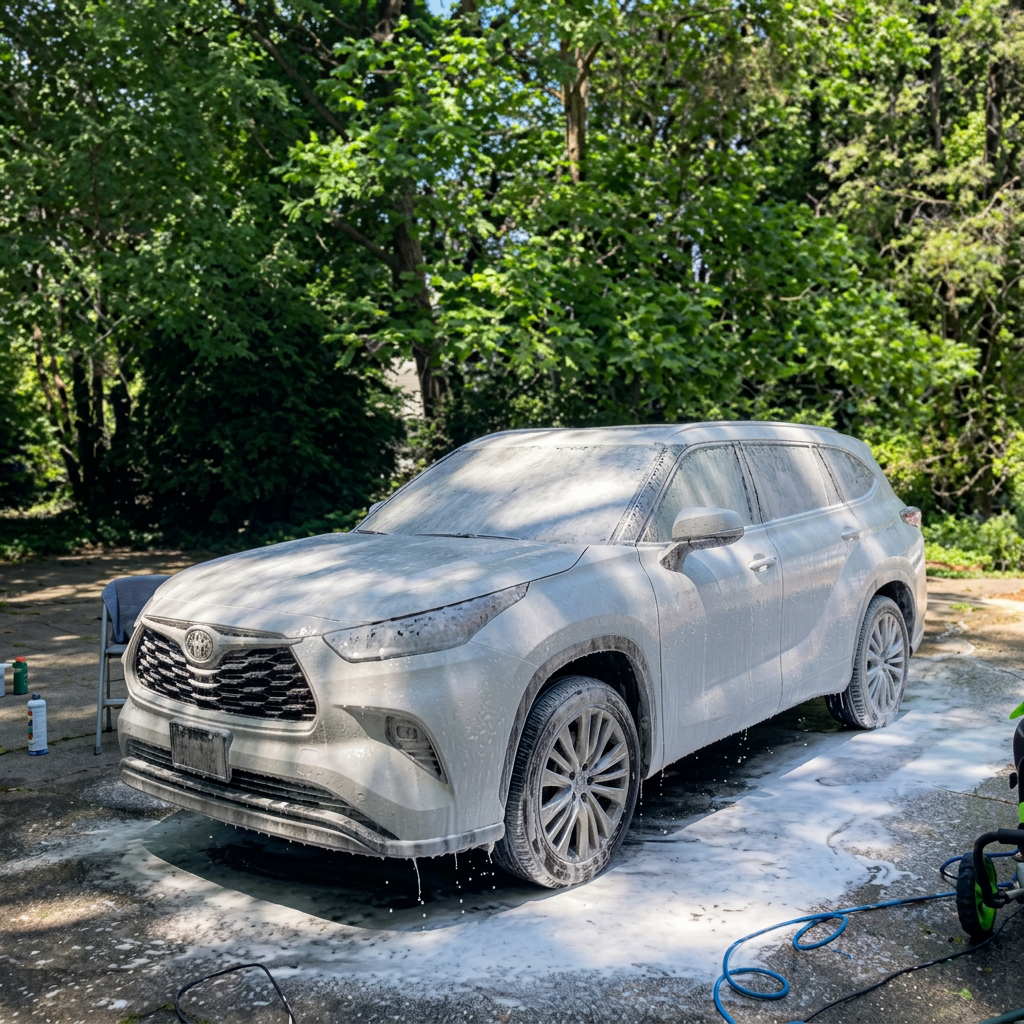 Ultra Mobile Detailing washing a foam-covered Toyota 4Runner in a Wilson, NC driveway